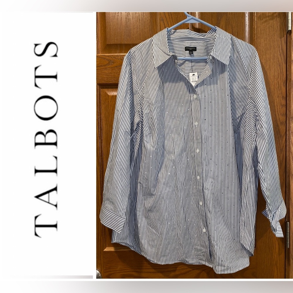 NWT Talbots Plus 2X Long Sleeve Sparkle Stripe Button Front Top